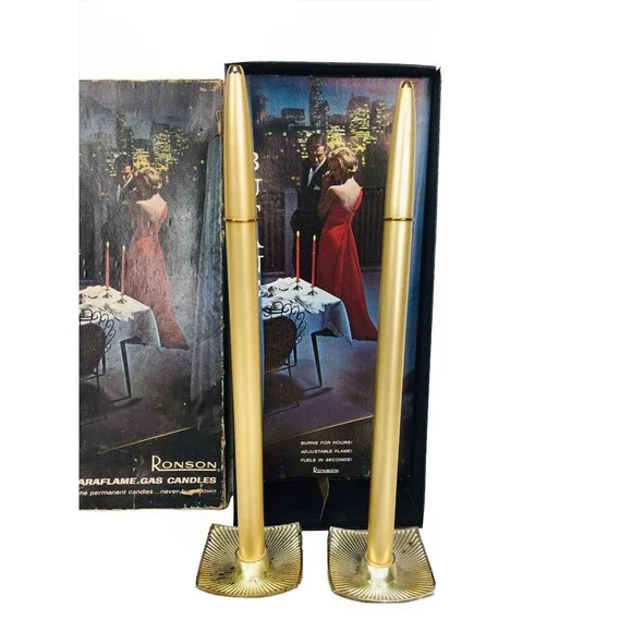 Vintage MCM Ronson Veraflames Gold Gas Candles with Stands in Original Box - Picture 6 of 9